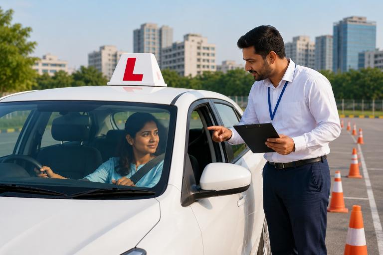 Student taking a car driving lesson with an instructor in Ahmedabad