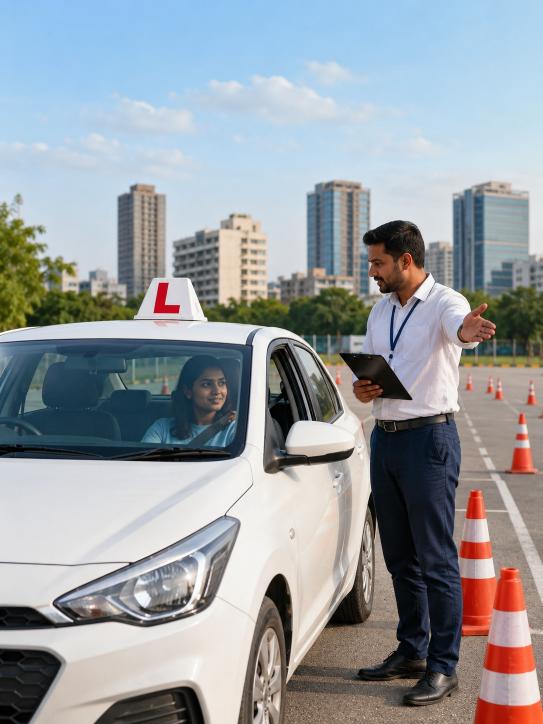 Jalaram Driving School instructor beside a dual-control training car in Ahmedabad