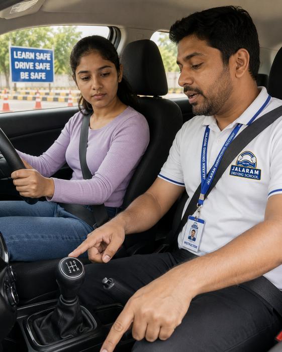 Driving instructor explaining the gear pattern to a learner in Ahmedabad