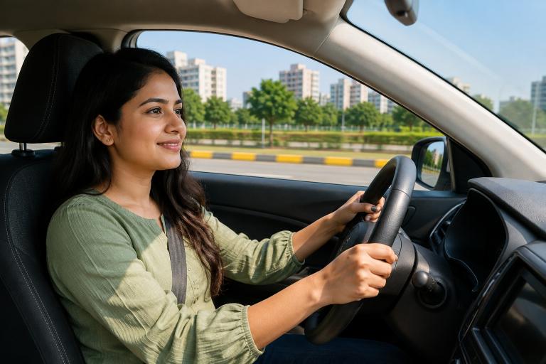 Woman learning to drive in a ladies-only batch in Ahmedabad