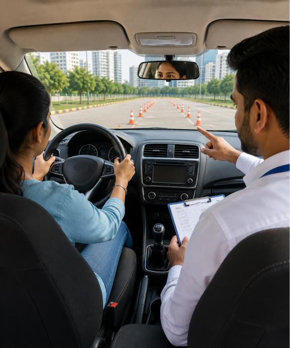 Learner driver's hands positioned correctly on the steering wheel during a lesson