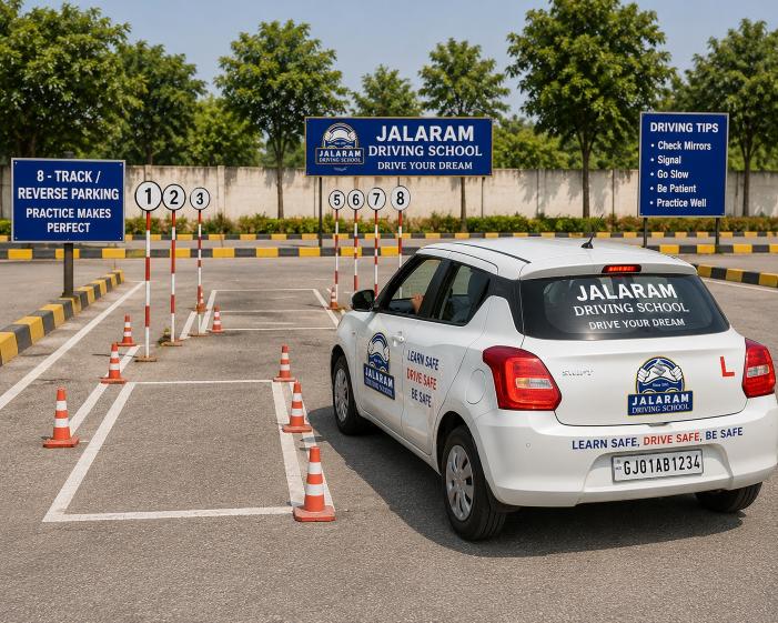 Reverse parking practice at Jalaram Driving School Ahmedabad