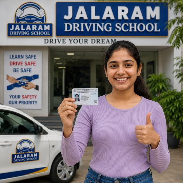 Student holding their new driving licence at Jalaram Driving School Ahmedabad